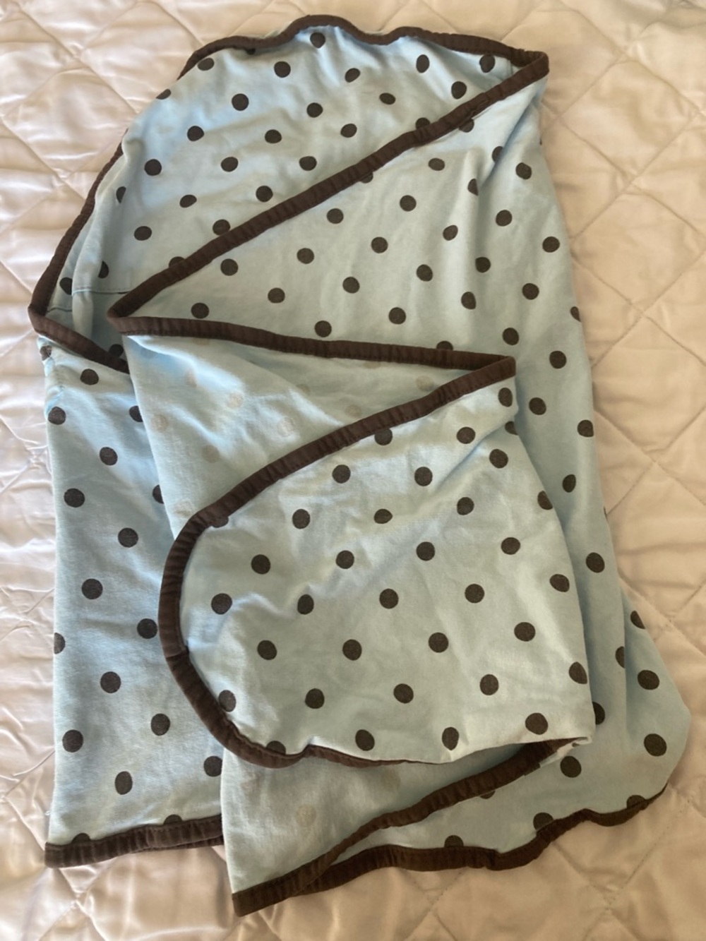 Polka Dot swaddle Blanket - Light Blue with Brown Trim